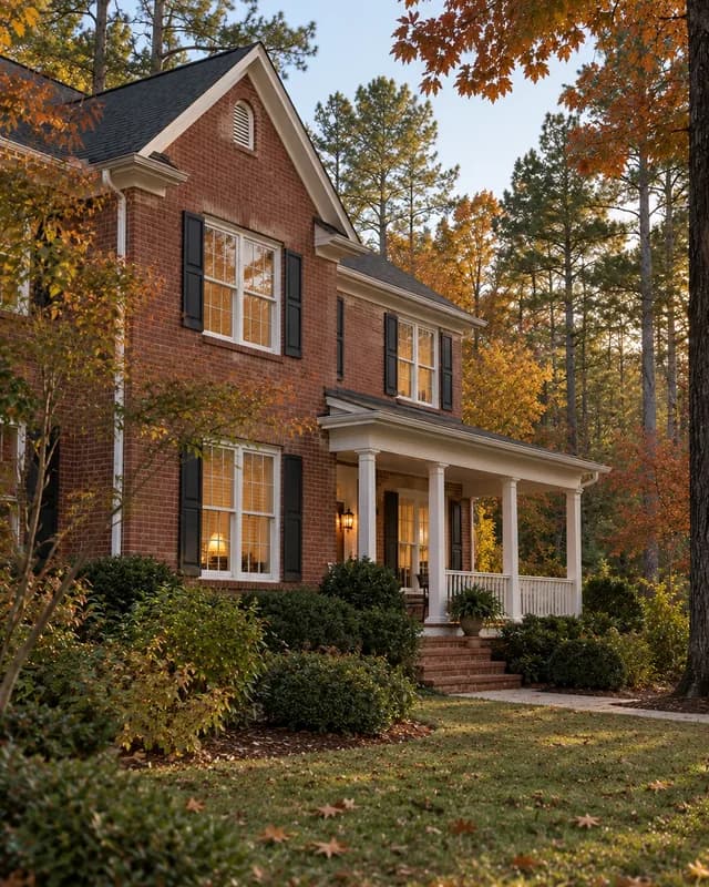 Red brick two-story home in autumn, its white-trimmed double-hung windows lit warm from inside