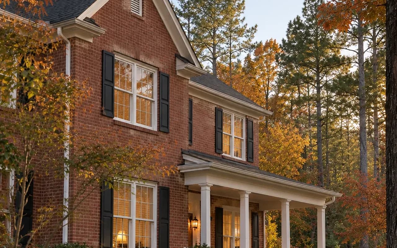 Red brick two-story home in autumn, its white-trimmed double-hung windows lit warm from inside
